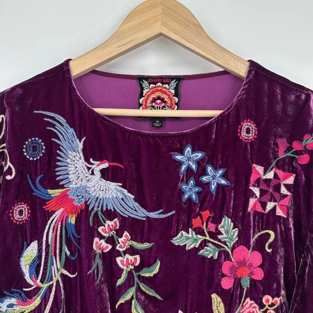 Johnny Was Nikkola Velvet Blousee Embroidered Floral Bird Boho Flowy Top Purple